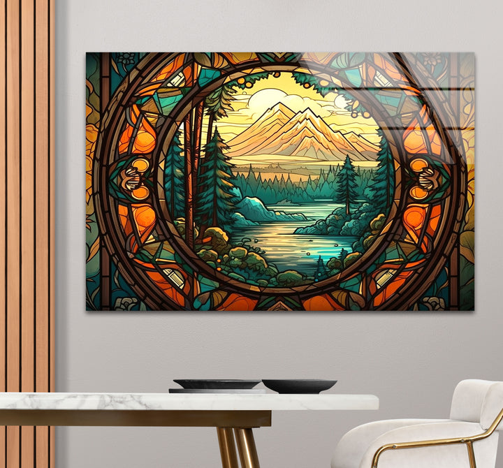 Stained Glass Mountain Landscape – Scenic Forest & River Window Panel
