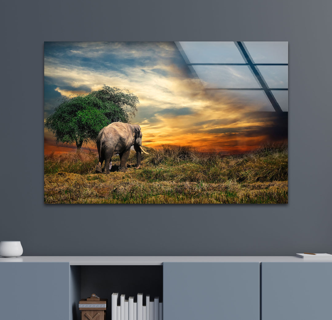 Elephant at Sunset Safari Wall Art – African Landscape Glass Print