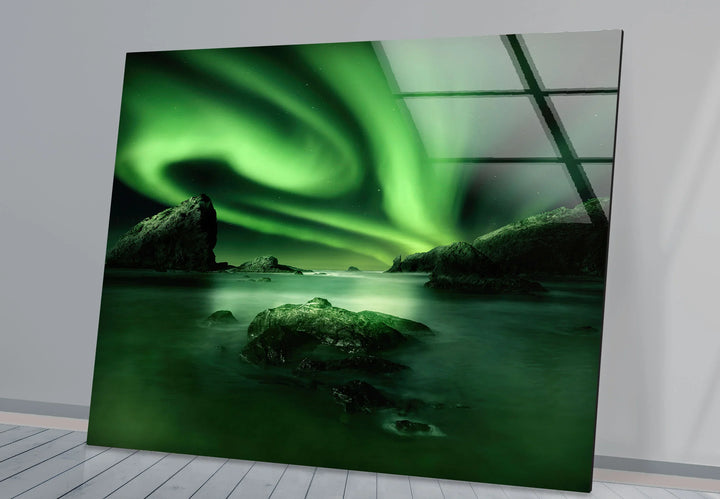 Northern Lights Aurora Borealis Wall Art – Green Sky Glass Print for Modern Interiors - MyPhotoStation