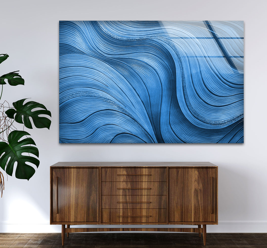 Blue Flow Line Wall Art – Modern Minimalist Wave Glass Print