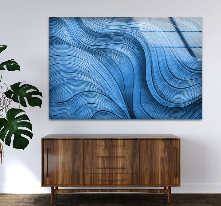 Blue Flow Line Wall Art – Modern Minimalist Wave Glass Print