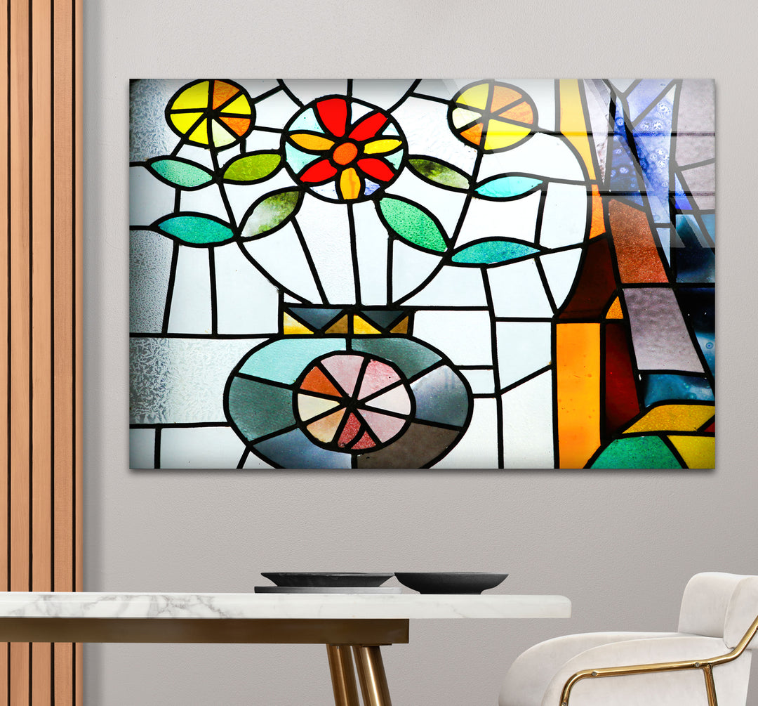 Floral Stained Glass Wall Art – Colorful Flower Vase Mosaic Panel