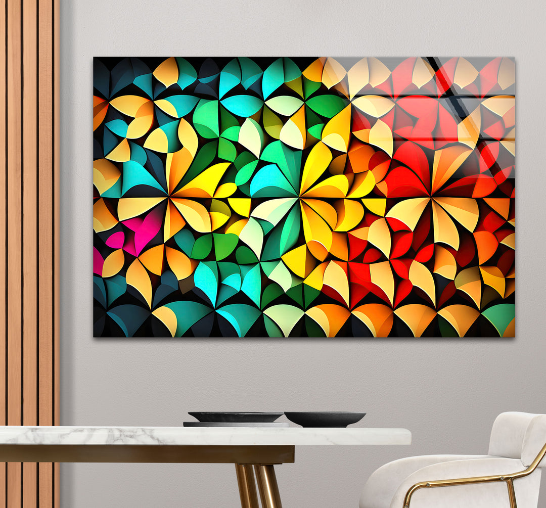 Bunte geometrische Glaswandkunst – Lebendiges abstraktes 3D-Muster