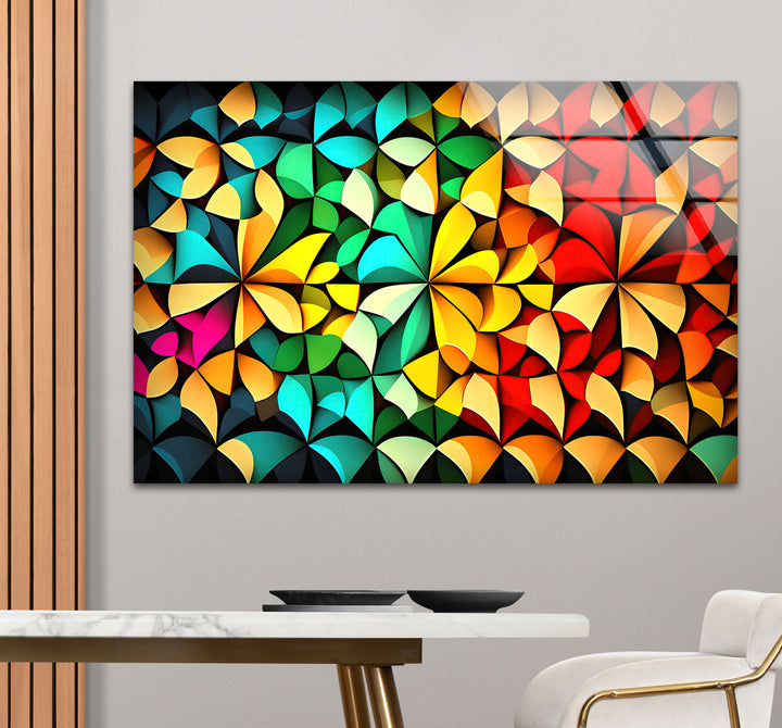 Bunte geometrische Glaswandkunst – Lebendiges abstraktes 3D-Muster