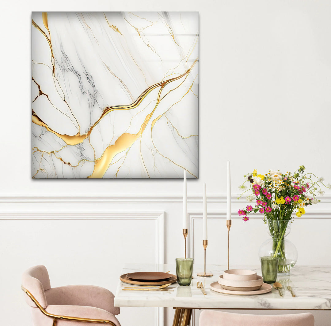 White Marble Wall Art with Gold Veins – Elegant Abstract Glass Print for Modern Luxury Interiors - MyPhotoStation