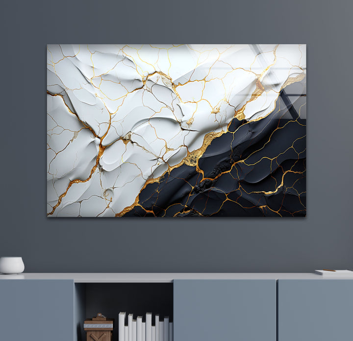 Elegant Cracked Marble Wall Art – Black White Gold Abstract Glass Print