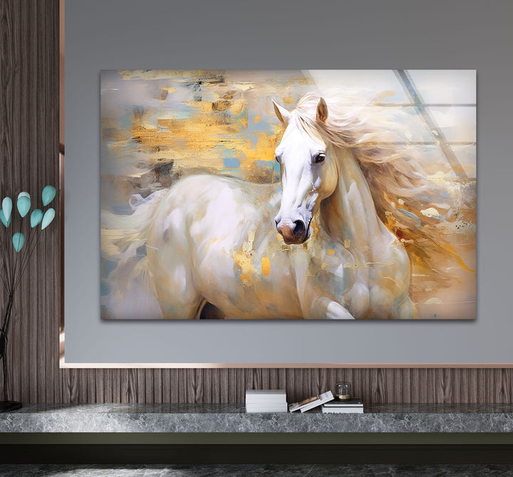 Majestic White Horse Wall Art – Abstract Glass Print for Modern Interiors