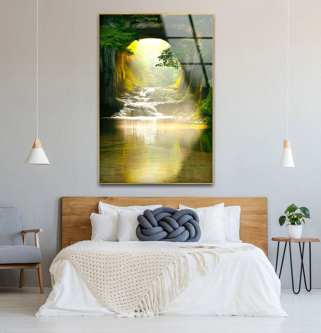 Sunlit Forest Cave Waterfall Glass Wall Art – Serene Nature Landscape Print - MyPhotoStation