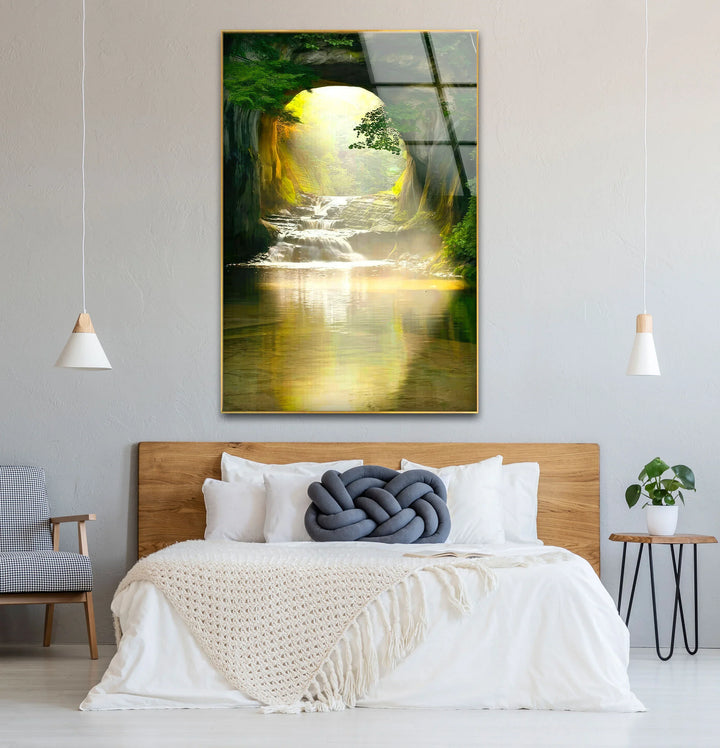 Sunlit Forest Cave Waterfall Glass Wall Art – Serene Nature Landscape Print - MyPhotoStation
