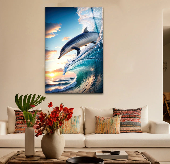 Jumping Dolphin Glass Wall Art – Ocean Wave Sunset Scene for Coastal Decor - MyPhotoStation