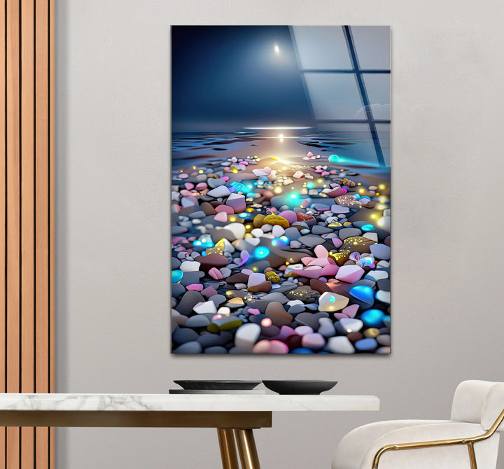 Colorful Pebble Beach at Sunset – Dreamy Ocean Glass Wall Art for Modern Decor - MyPhotoStation