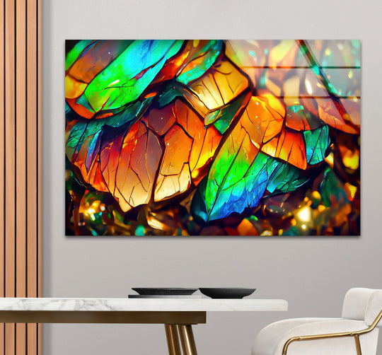 Iridescent Leaf Abstract Glass Wall Art – Vibrant Botanical Decor - MyPhotoStation