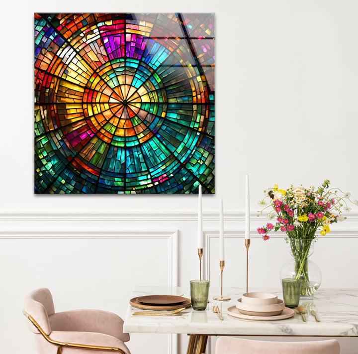 Strahlende Mosaik-Wandkunst aus Buntglas – Farbenfrohes, kreisförmiges Fensterdesign 