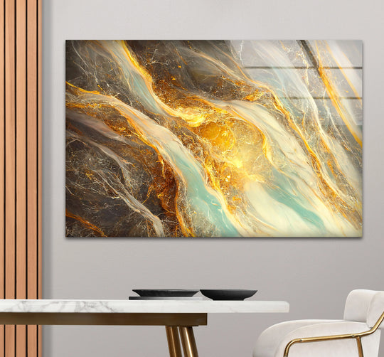 This striking glass wall artwork emanates a luxurious and serene mood with its flowing gold and turquoise marble abstract design.