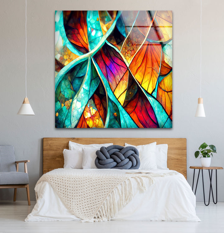 Abstrakte Wanddekoration aus Buntglasblättern – Lebendiges, von der Natur inspiriertes Panel für moderne Innenräume