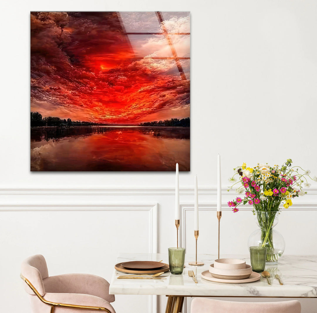 Fiery Sunset Sky Glass Wall Art – Dramatic Red Clouds Over Water Landscape - MyPhotoStation
