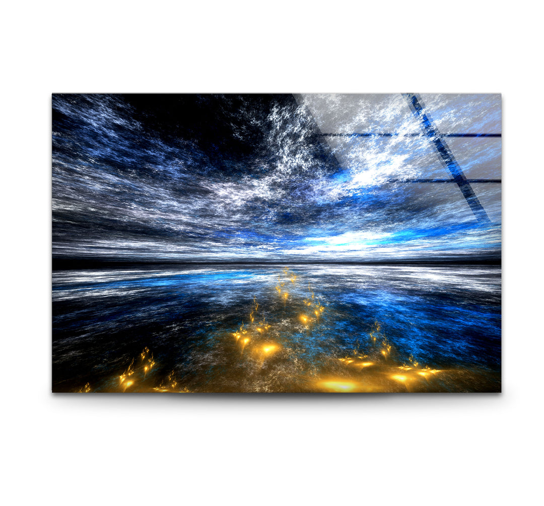 Celestial Ocean Light Wall Art – Abstract Blue and Gold Horizon Glass Print