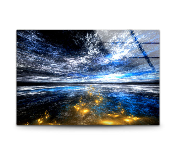 Celestial Ocean Light Wall Art – Abstract Blue and Gold Horizon Glass Print