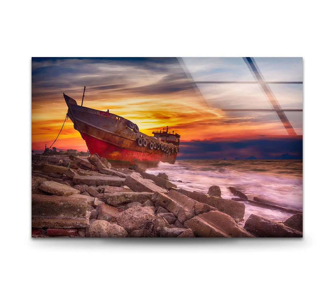 Abandoned Ship Wall Art – Sunset Seascape Glass Print for Nautical Decor - MyPhotoStation