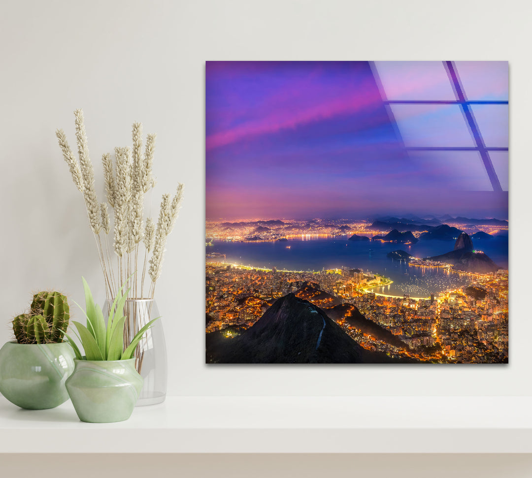 Rio de Janeiro Skyline Wall Art – Vibrant Cityscape Glass Print with Sunset Sky for Urban Interiors