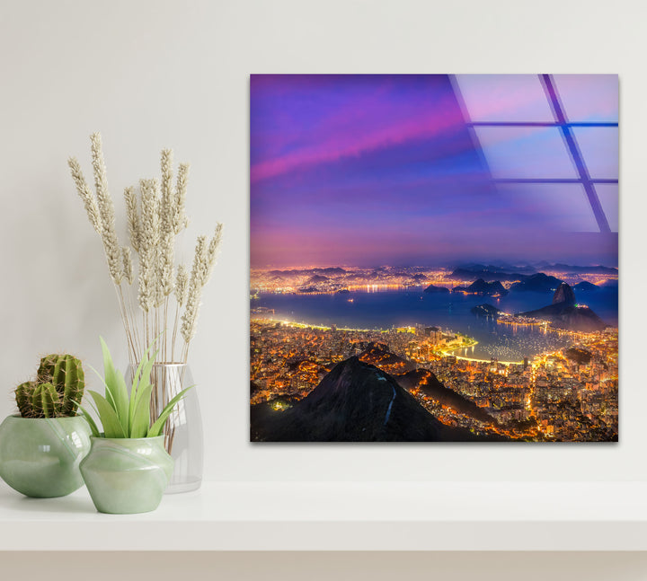 Rio de Janeiro Skyline Wall Art – Vibrant Cityscape Glass Print with Sunset Sky for Urban Interiors