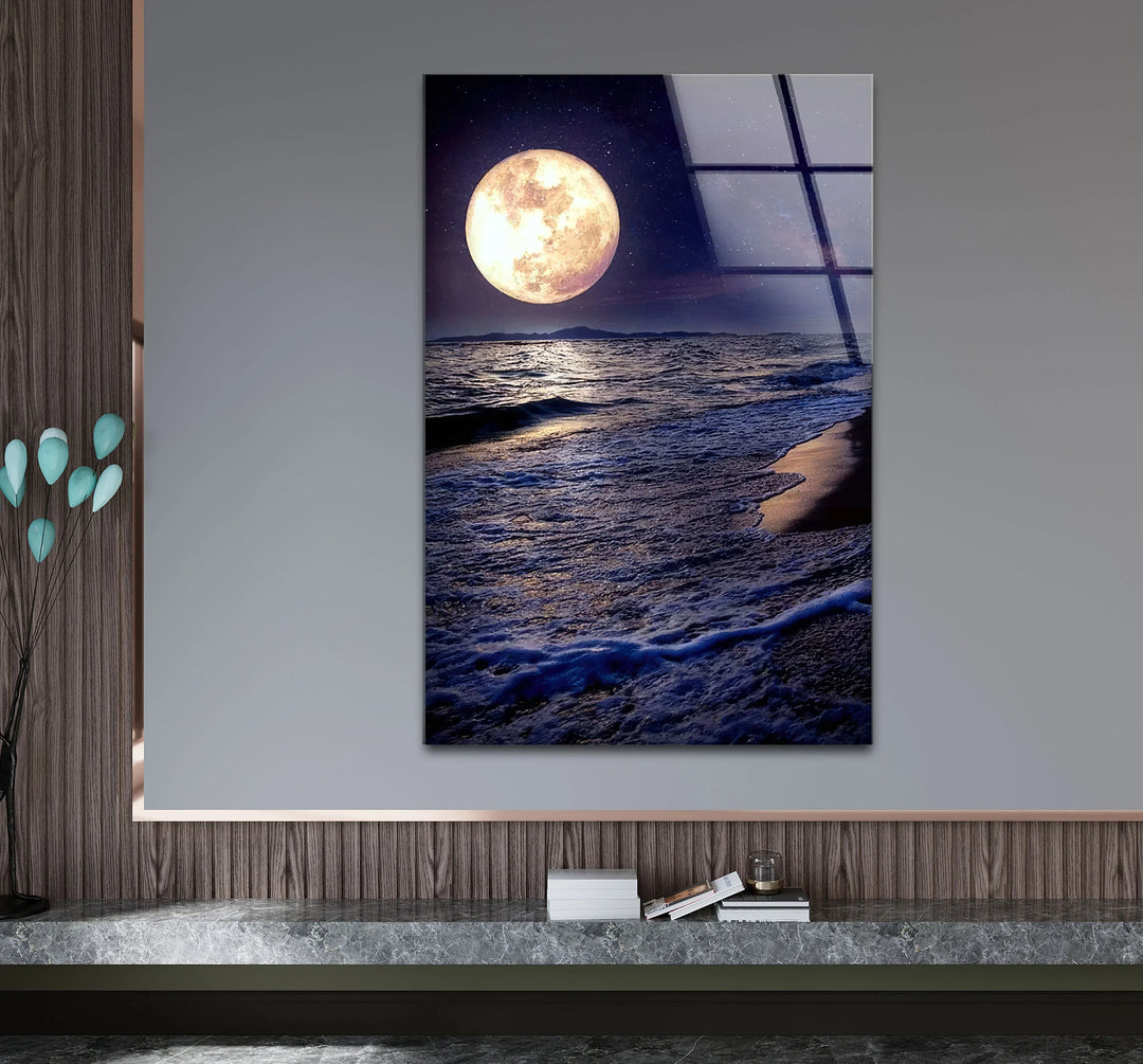 Moonlit Ocean Wall Art – Full Moon Over Waves Glass Print, Night Seascape Decor for Bedroom & Living Room - MyPhotoStation