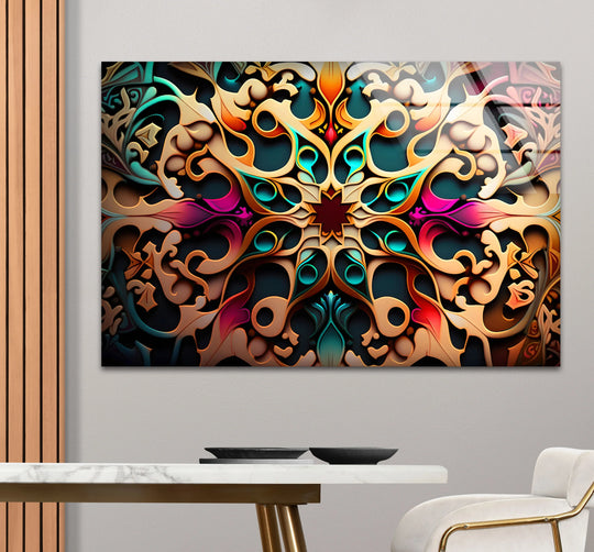 The ornate mandala glass wall artwork features a beveled edge on the glass with subtle depth and border detailing.