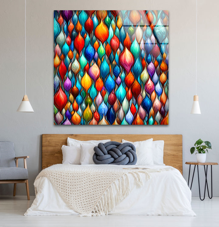 Lebendige abstrakte Glaswandkunst – Buntes Tropfendesign 