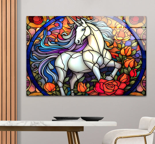 Stained glass wall art with a unicorn and roses features vibrant colors and intricate glasswork plus fantasy inspired home decor and unicorn lovers art