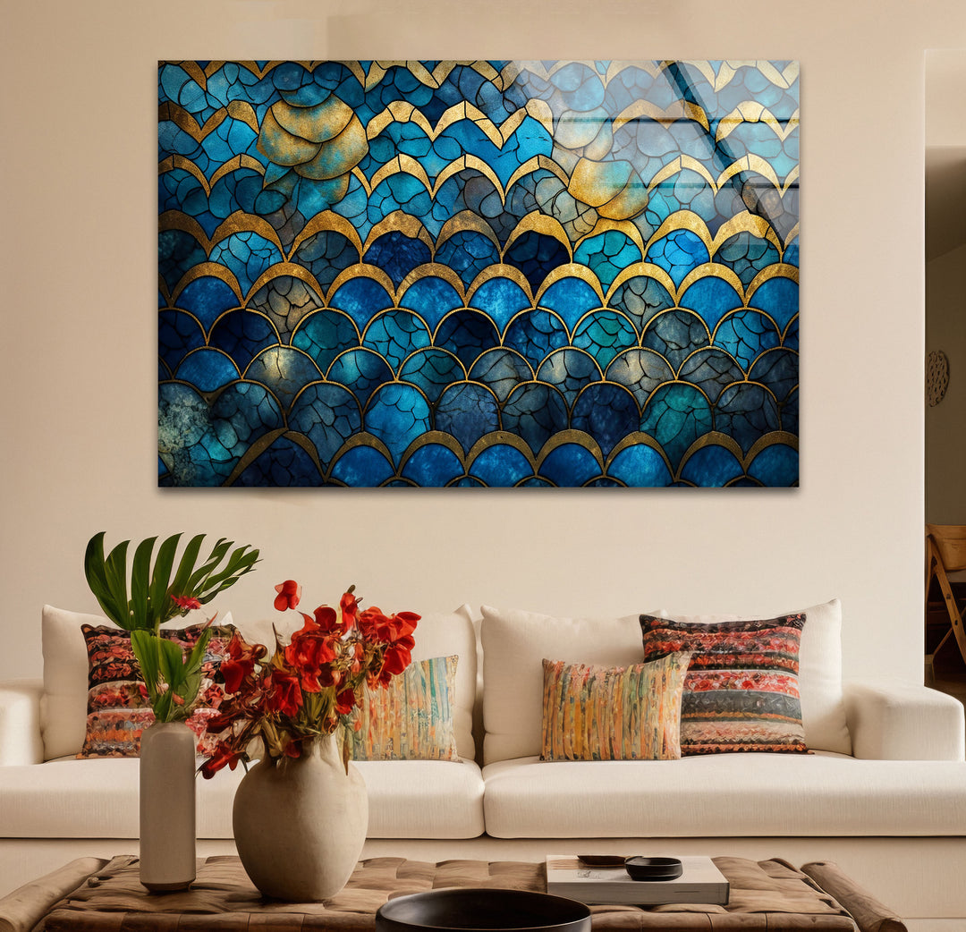 Blau-goldene Wellenmosaik-Glaskunst – Vom Meer inspirierte, rissige Textur 