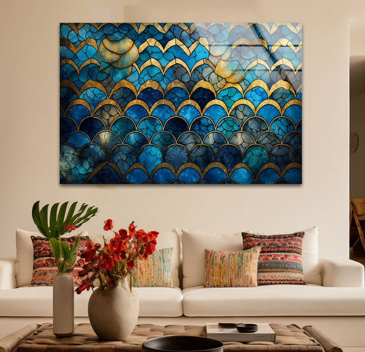 Blau-goldene Wellenmosaik-Glaskunst – Vom Meer inspirierte, rissige Textur 