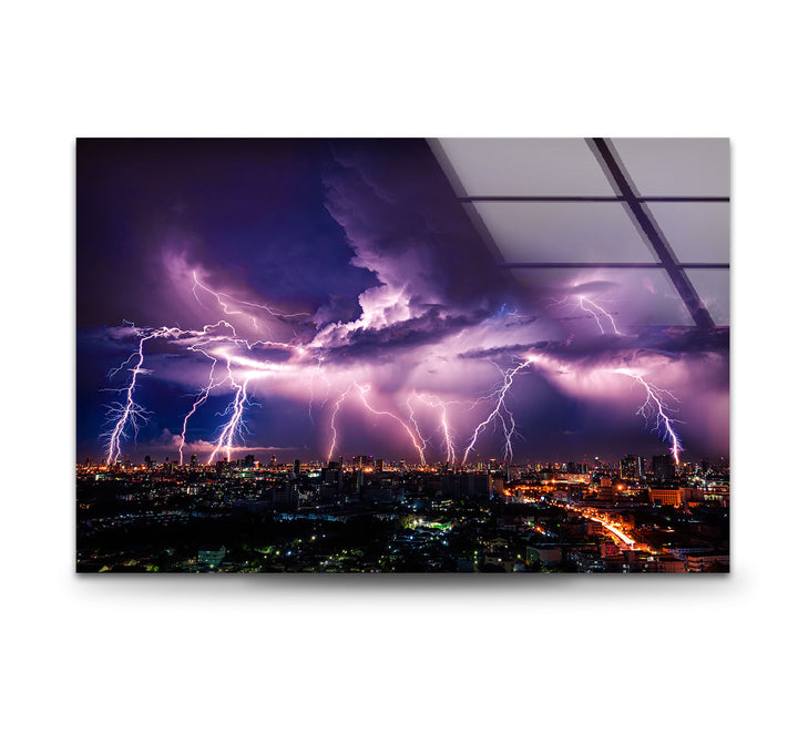 Purple Lightning Storm Over Cityscape – Dramatic Night Sky Glass Wall Art