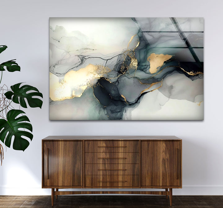 Minimalistische Wandkunst mit Goldtinte – Moderner abstrakter Flüssigglasdruck