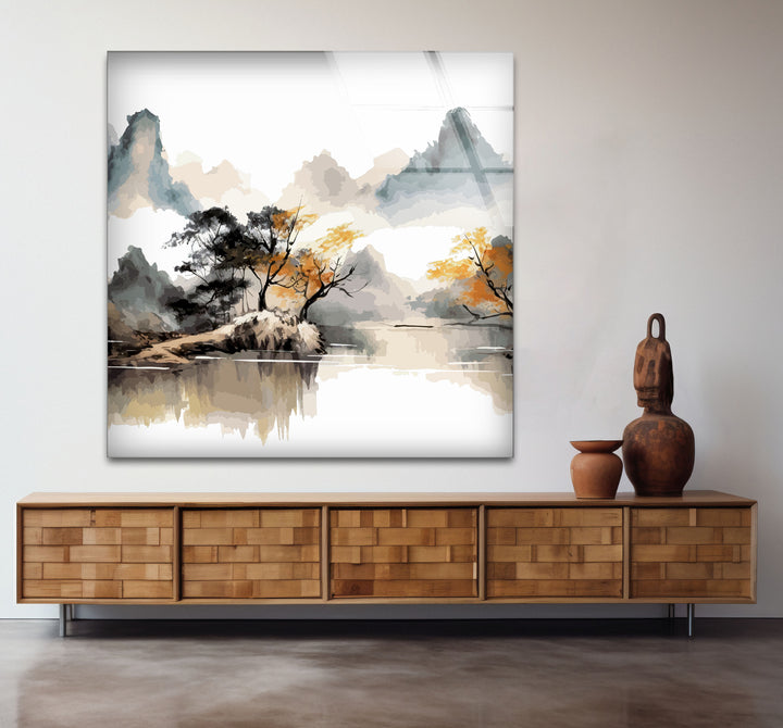 Serene Mountain Lake Wall Art – Asian Landscape Ink Style Glass Print