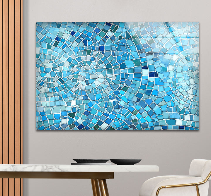 Aqua Blue Mosaic Glass Wall Art – Coastal Geometric Decor for Bathroom & Spa