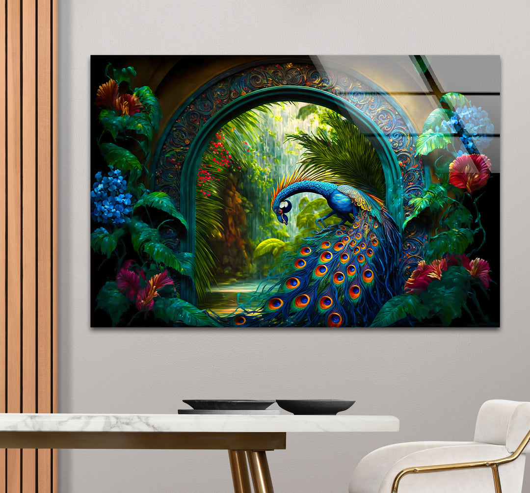 Majestic Peacock Garden Glass Wall Art – Elegant Nature-Inspired Decor