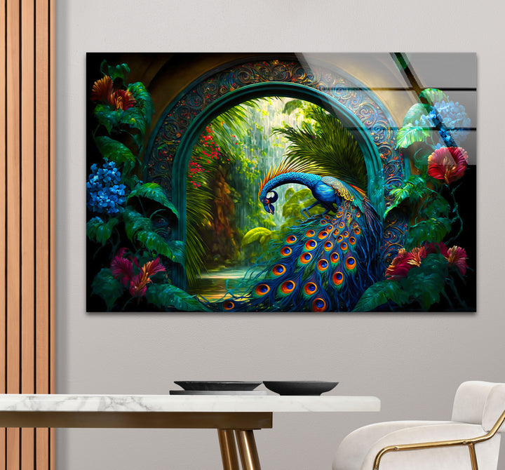 Majestic Peacock Garden Glass Wall Art – Elegant Nature-Inspired Decor