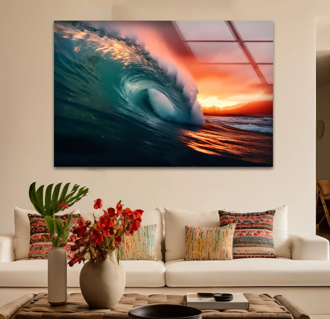 Sunset Barrel Wave Wall Art – Ocean Wave Glass Print for Coastal Home Decor - MyPhotoStation