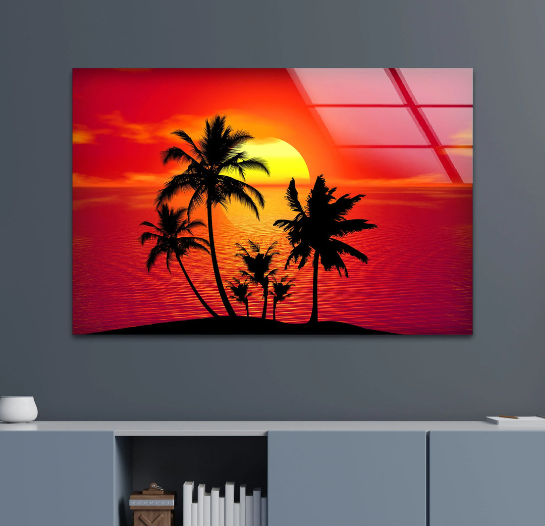 Tropical Sunset Palm Tree Wall Art – Vibrant Beach Scene on Tempered Glass - MyPhotoStation