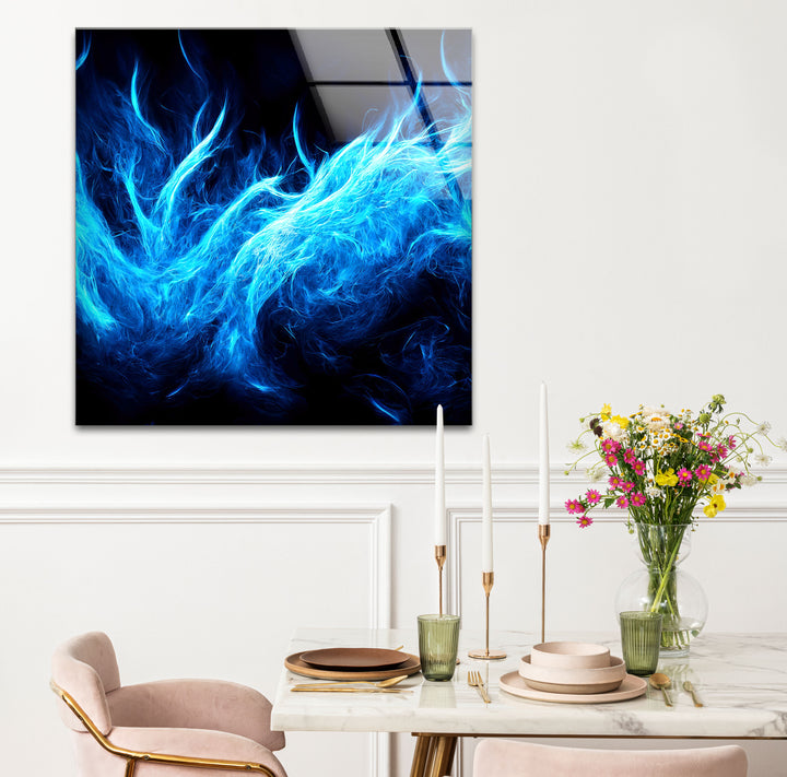 Blue Flame Abstract Glass Wall Art – Fiery Energy & Modern Decor