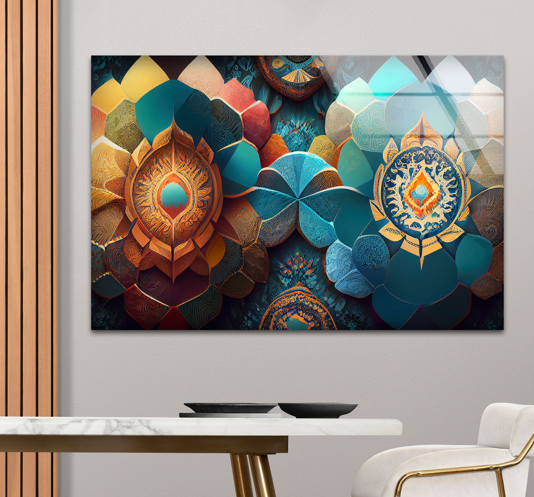 Luxuriöse Mandala-Wandkunst aus Glas – Abstraktes geometrisches Blumendesign