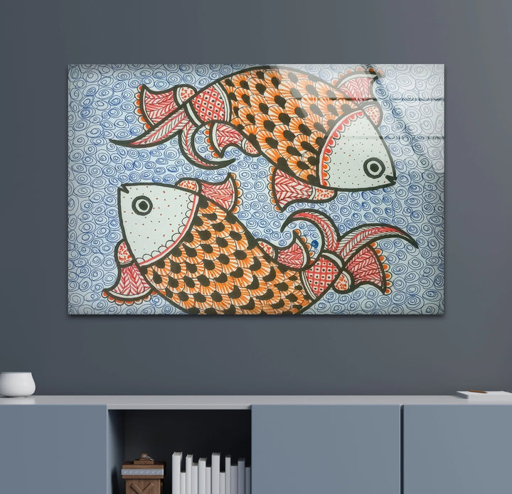 Traditional Folk Art Fish Wall Decor – Vibrant Indian Style Glass Print - MyPhotoStation