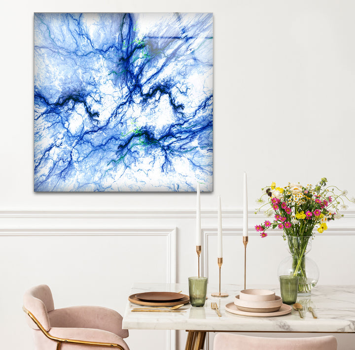 Electric Blue Vein Wall Art – Abstract Lightning-Inspired Glass Print