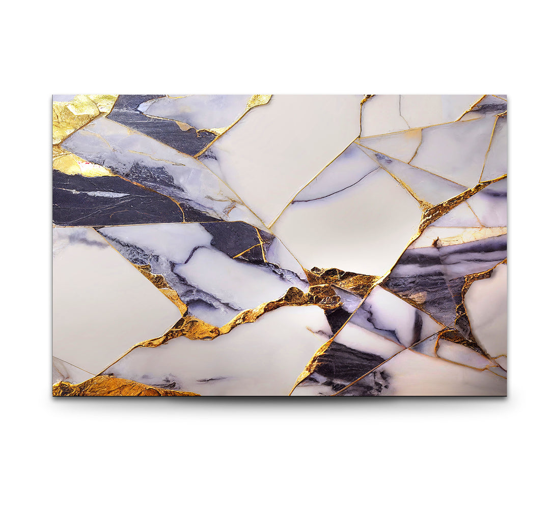 Geometric Marble Wall Art – Lux Gold Vein & Navy Cracked Stone Print for Modern Decor