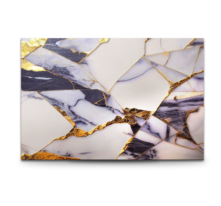 Geometric Marble Wall Art – Lux Gold Vein & Navy Cracked Stone Print for Modern Decor