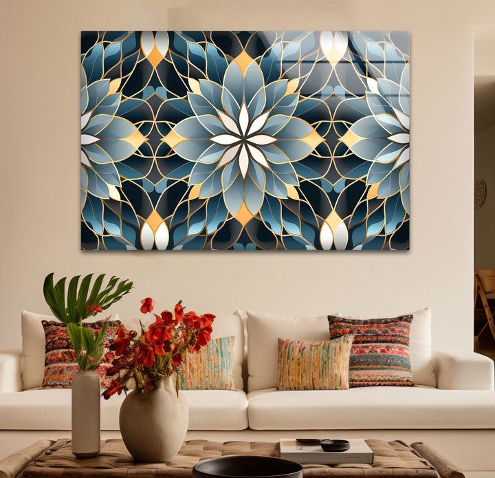 Elegant Lotus Mandala Glass Wall Art – Blue Gold Sacred Geometry Pattern