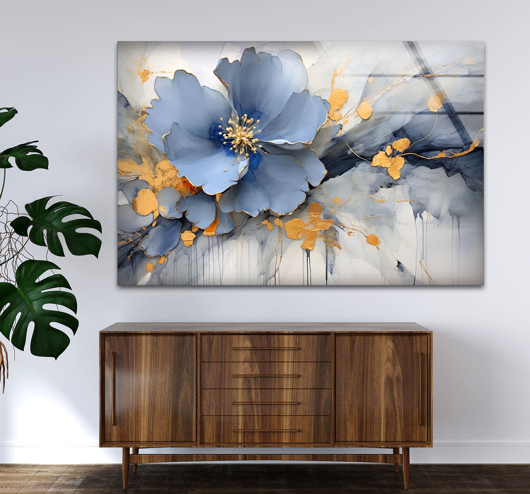 Blue Gold Blossom Wall Art – Elegant Floral Glass Print for Home Décor