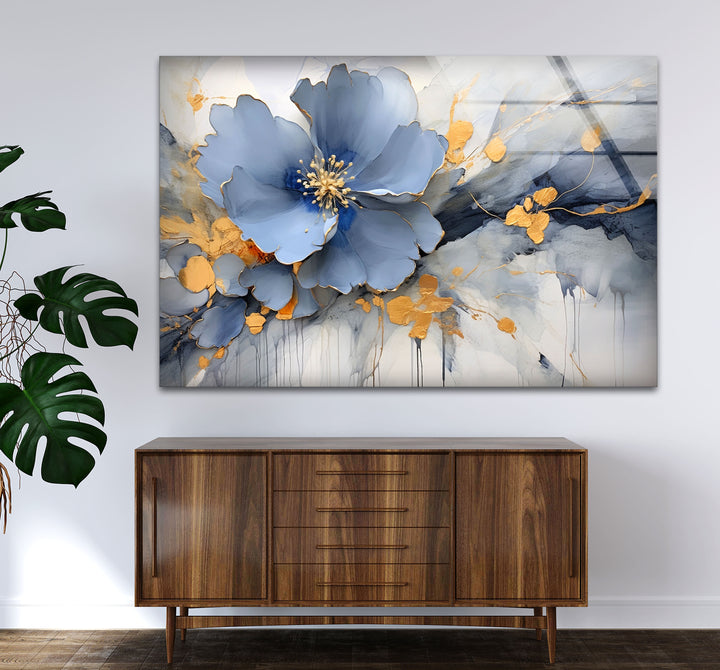 Blue Gold Blossom Wall Art – Elegant Floral Glass Print for Home Décor