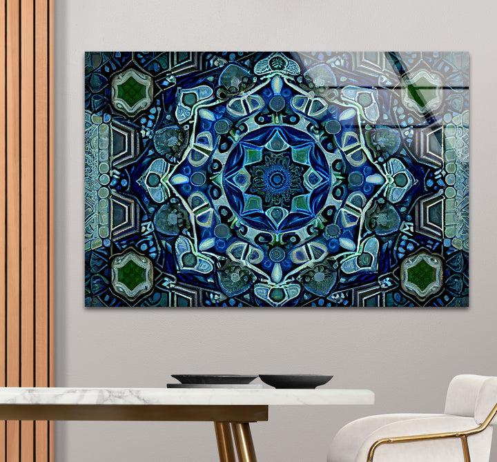 Blue Mandala Glass Wall Art – Intricate Geometric Design, Modern Home & Office Decor