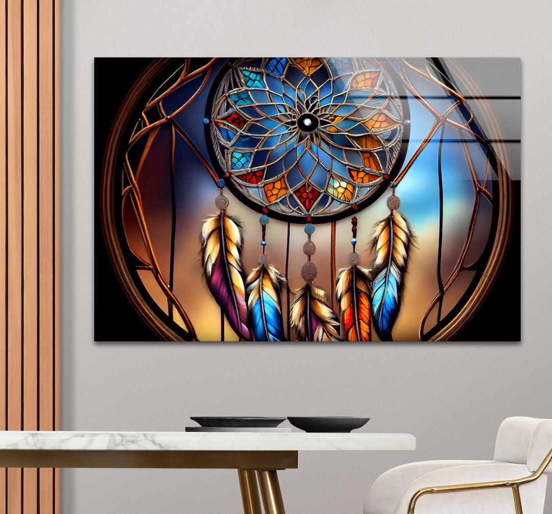 Dreamcatcher Stained Glass Wall Art – Boho Spirit Window Design, Tribal Home Decor